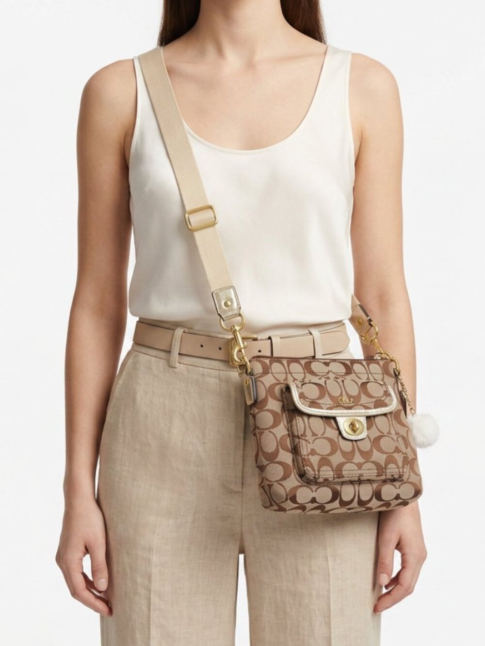 Coach Signature Jacquard Crossbody Swingpack Bag Khaki Brown OS